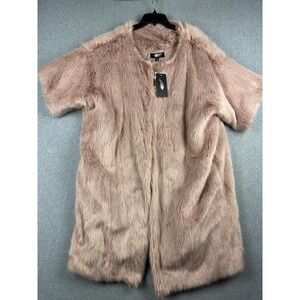 Fair Child Coat Womens 2X Pink Faux Fur Short Sleeve Mid Length Collarless NWT